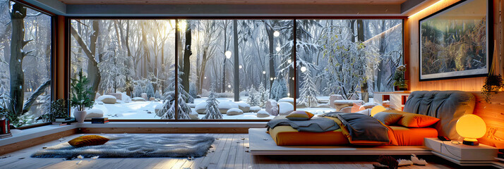 Winter Wonderland Scene with Snow-Covered Trees and Wooden Cabin, Beautiful and Frosty Landscape in the Forest