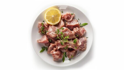 Create an image of a cat dish that consists of juicy rabbit, turkey and goose meat, gently cooked and minced. The visualization should focus on the appetizing appearance of the meat 