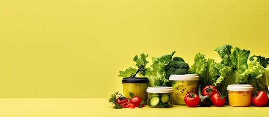 On a yellow background there is a copy space image featuring separate containers filled with lettuce cucumber slices and tomatoes which are all part of a healthy food delivery