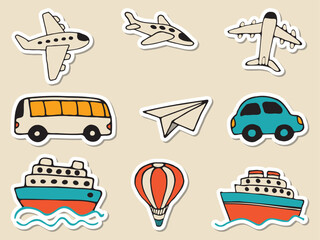 Stickers set of transportation hand drawn vector doodles in flat style for summer vacation travel. Vehicle hand drawn icons.