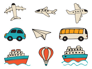 Icon set of transportation hand drawn vector doodles in flat style for summer vacation travel. Vehicle hand drawn icons.