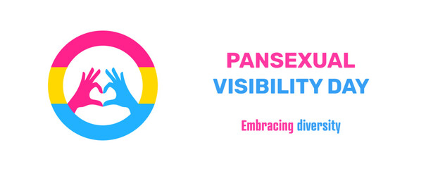 Pansexual Awareness and Visibility Day 24th May, pansexual flag in a circle heart love gesture inside the circle. Hand heart love gesture pansexual pride flag. Pansexual Visibility Day vector banner.
