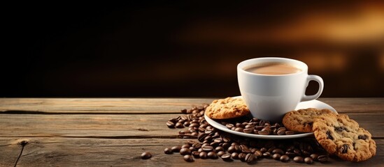 A warm beverage rests on a wooden kitchen table accompanied by roasted coffee beans and oatmeal cookies There is ample copy space for your text