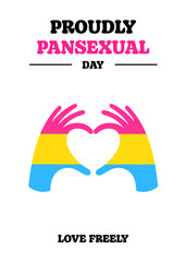 Pansexual Awareness and Visibility Day 24th May, pansexual flag in a hands heart love gesture. Hand heart love gesture pansexual pride flag. Pansexual Visibility Day vector poster.