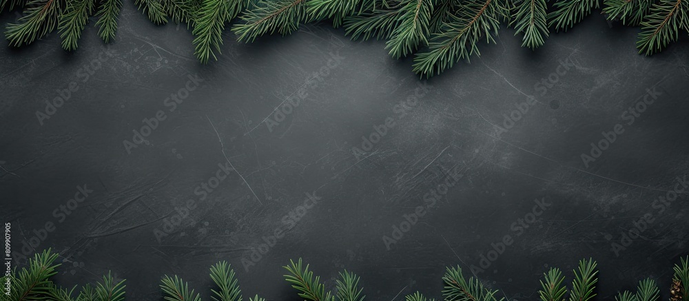 Poster The image features a top view of Christmas fir tree branches creating a frame against a slate background with ample copy space