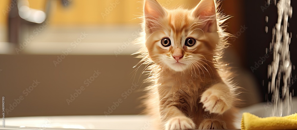 Poster ginger maine coon kitten with an endearing gesture as he cleans his paw image allows room for text. 