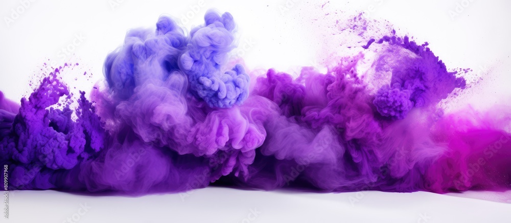 Aufkleber A vibrant explosion of purple color powder is captured in a freeze frame on a white backdrop creating a visually striking copy space image 135 characters