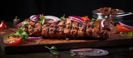 Delicious kebab and lula kebab served with onions and a savory sauce 174 characters. Creative...