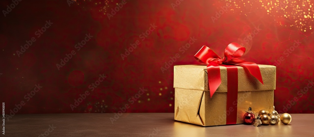 Leinwandbilder a festive gift box in gold and red with tape placed on a background of santa themed wrapping paper l