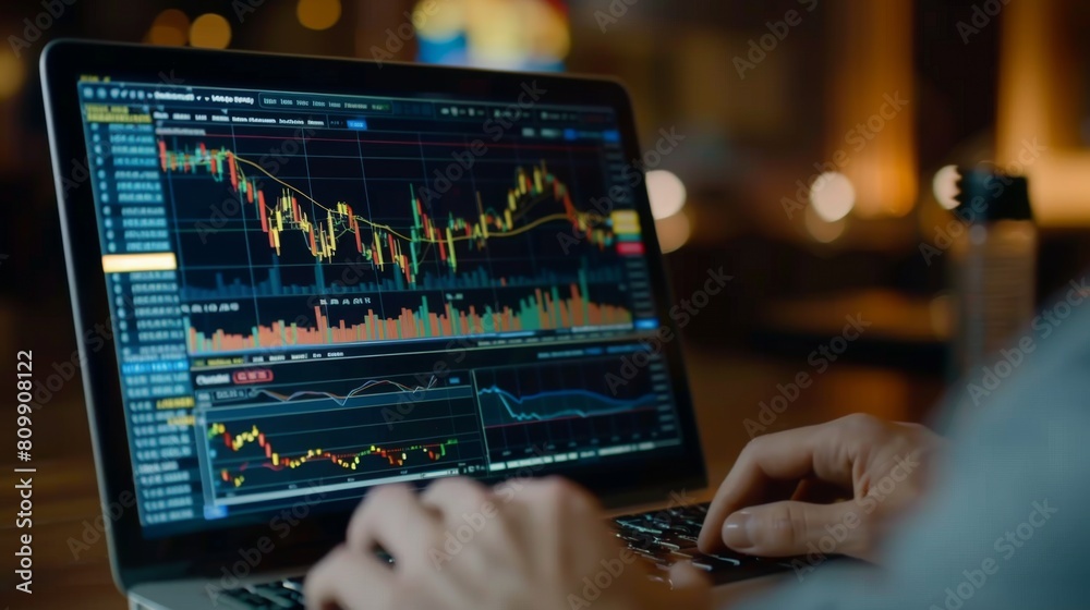 Aufkleber a laptop screen displaying a stock trading platform with colorful graphs and charts, illustrating th
