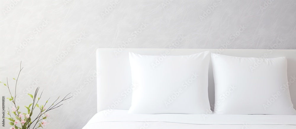 Aufkleber A white bed sheet and pillows are set against a clean interior background featuring a wallpaper pattern picture with empty space for copy or text. Creative banner. Copyspace image