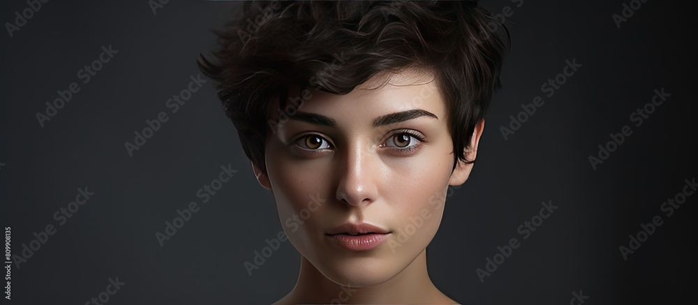 Poster a young model with short hair is captured in a portrait providing ample copy space for an image