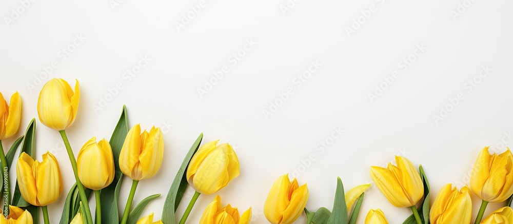Aufkleber Top view image of a delicate spring composition with yellow tulips on a white background creating a border with copy space