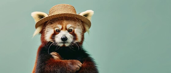 Red panda wearing a straw hat stands with arms crossed and staring ahead on a light green...