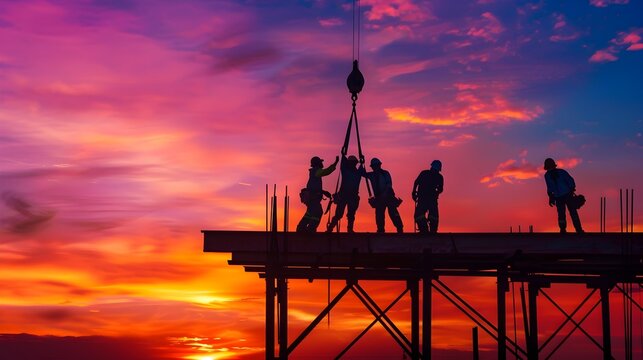 Construction Crew Raising Beam Against Vibrant Sunset Sky for Advertising and Photography