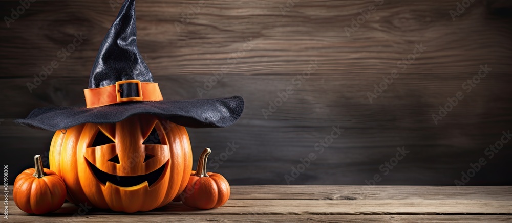 Poster A wooden surface features a Halloween pumpkin jack o lantern adorned with a witch hat creating a visually appealing image with plenty of copy space