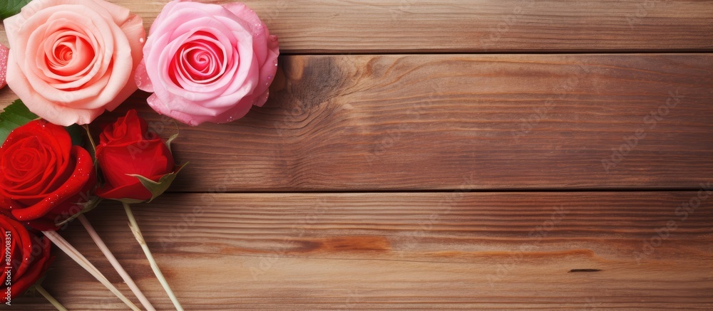 Poster a copy space image with a lollipop red and pink roses placed on a wooden background