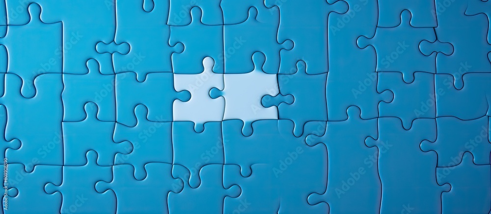Poster texture photo with copy space image of a folded white jigsaw puzzle on a blue plastic surface