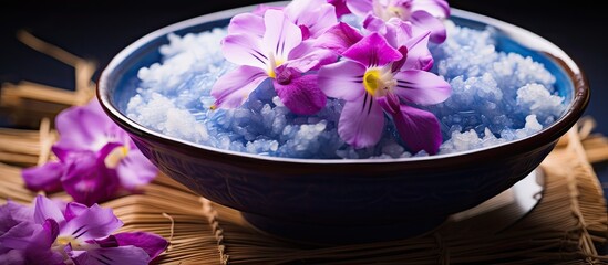 A vibrant blue rice dish featuring the delicate and mesmerizing butterfly pea flowers creating an...