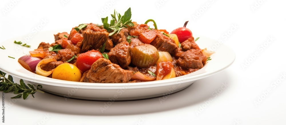 Poster A top view photo of a plate with meat stew goulash and a white background There is empty space available for text or other images. Creative banner. Copyspace image