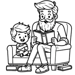 illustration of a father and son reading a book. | Fathers day Coloring Page