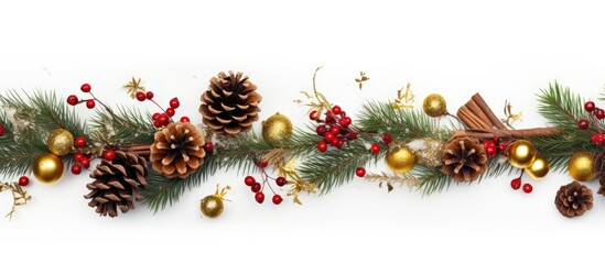 Copy space image of white background adorned with green spruce twigs pine cones and vibrant red and golden Christmas decorations