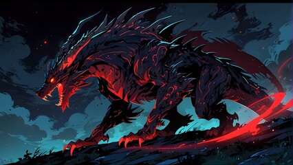 Illustration of a terrifying dragon-like creature, dark magic and mythical beasts, glowing red markings, cinemtic look