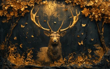 A black canvas painted with a deer with antlers in gold and white paints, close up