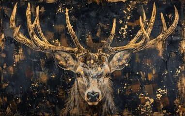 A black canvas painted with a deer with antlers in gold and white paints, close up