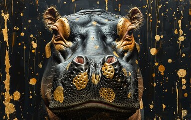 A black canvas painted with a African hippopotamus in gold and white paints,close up 