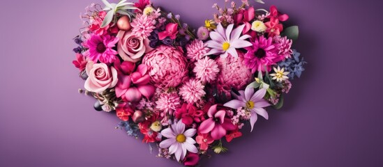 Top view of a heart shaped decoration adorned with fresh spring flowers providing ample copy space