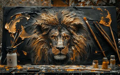 Portrait of a lion painted with oil paints on black canvas, for home design