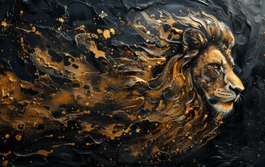 Lion statue in the night, portrait of a lion painted with oil paints on black canvas, for home design