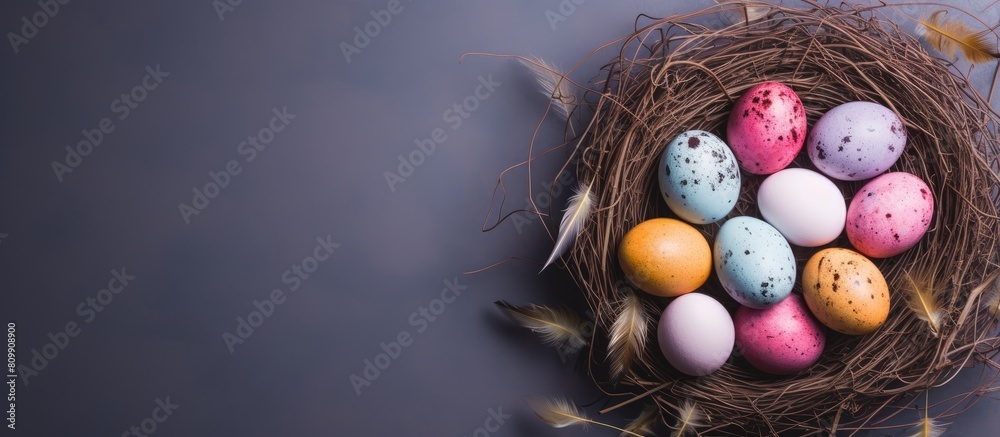 Poster A trendy minimalist Easter themed flatlay with a top down perspective The image showcases colorful eggs and a nest portraying the essence of the spring season Ample copy space is available for adding