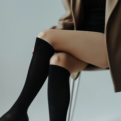 Woman nylon tights, beautiful long legs wearing black tights, elegant legs, slim figure on light