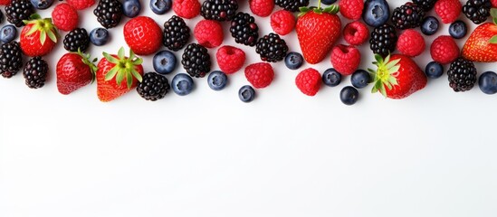 A colorful assortment of freshly picked organic berries including strawberries blueberries blackberries and redcurrants is arranged in a vibrant composition on a white background This close up top vi - Powered by Adobe