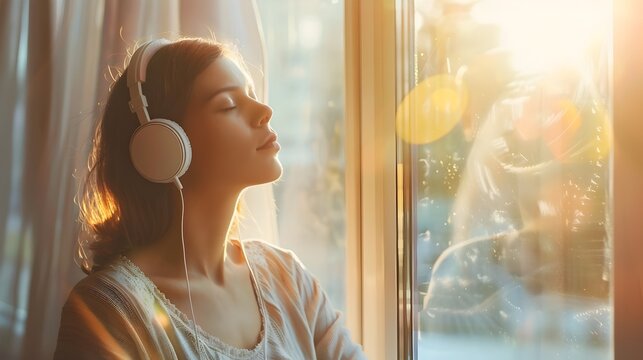 Woman Enjoying a Peaceful Moment Bathed in Warm Sunlight by a Window with Headphones On Capturing a Serene and Contemplative Lifestyle Scene