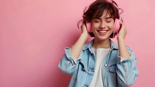 Young Woman Enjoying Music Through Headphones in Upbeat Pink Studio Setting