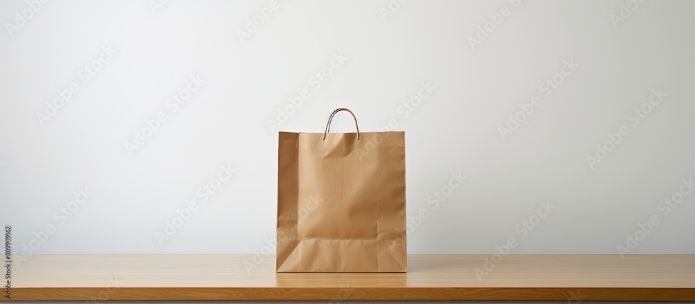 Poster A solitary brown paper bag with empty space surrounding it set against a plain white background. Creative banner. Copyspace image