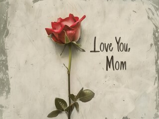 single red rose on a white background with a handwritten message that reads: Love You, Mom.