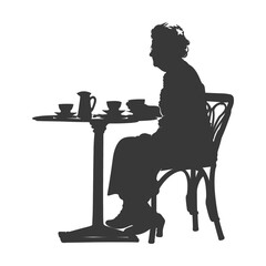Silhouette elderly woman sitting at a table in the cafe
