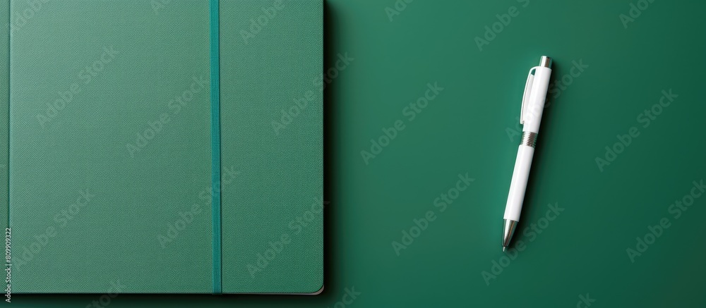 Poster a top down view of a stylish green pen on a school notebook representing the concept of an office se