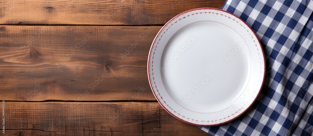 Poster copy space image of a white plate resting on a striped napkin on the backdrop of an aged wooden tabl