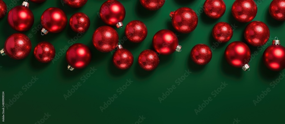 Poster A festive Christmas pattern showcases shiny red and green baubles on a red background with copy space This minimalistic wintery design represents the new year The top view and flat lay angle enhance