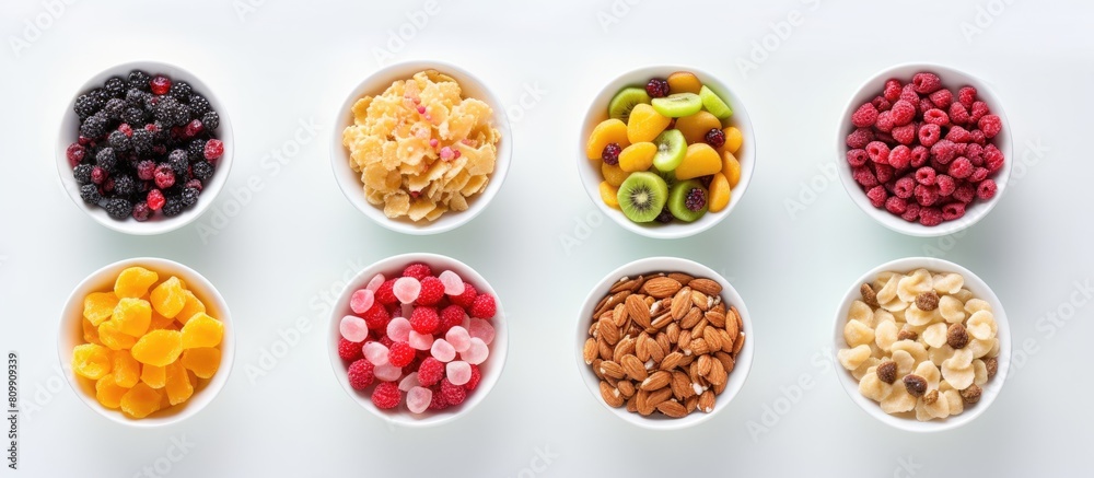 Poster overhead shot of a selection of cold cereals served in white bowls offering a convenient and quick b