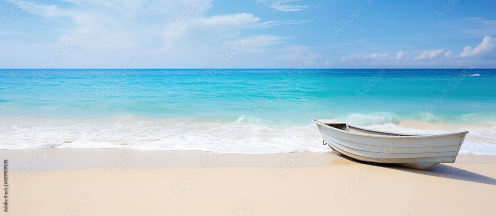 Poster a serene tropical beach with soft sand and gentle ocean waves that create a soothing atmosphere perf