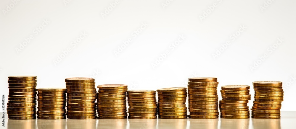 Poster A stack of coins on a white background with ample empty space for text or other elements in the image