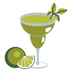 illustrations of cocktail and limes whole and slices on a white background hand-drawn