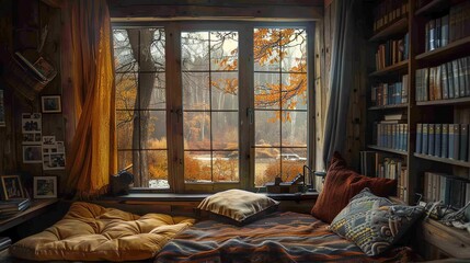 Fototapeta premium A cozy reading nook with a view of the autumn forest. The warm sunlight filters through the trees, creating a peaceful and relaxing atmosphere.