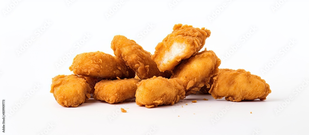 Poster a copy space image of fried chicken nuggets on a white background